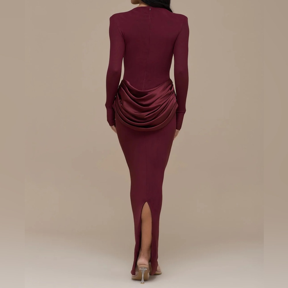 ASOS - Wanderdoll burgundy long sleeve Eman dress mesh maxi dress draped waist - Picture 5 of 14